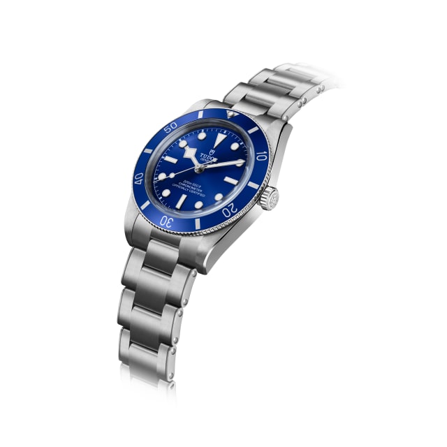 Detail of Tudor Black Bay 54 blue dial bezel and 1950s diver hands