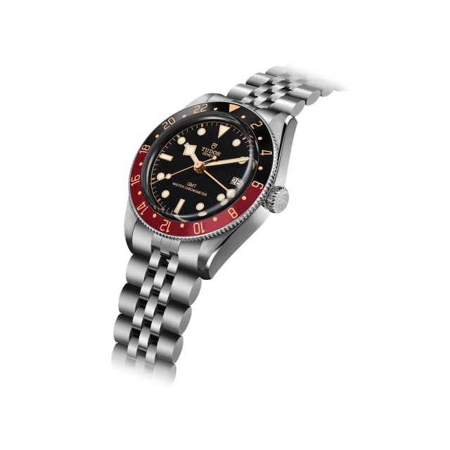 Close-up detail of Tudor Black Bay 58 GMT watch face black burgundy bezel