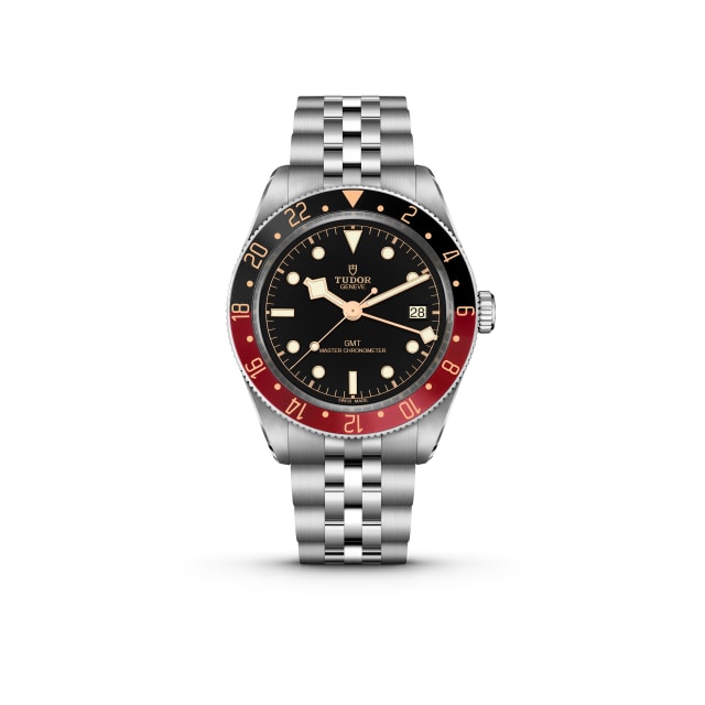 Tudor Black Bay 58 GMT black burgundy bezel 2026 on five-link steel bracelet front view