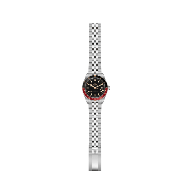 Angled Tudor Black Bay 58 GMT showing burgundy black bezel and bracelet