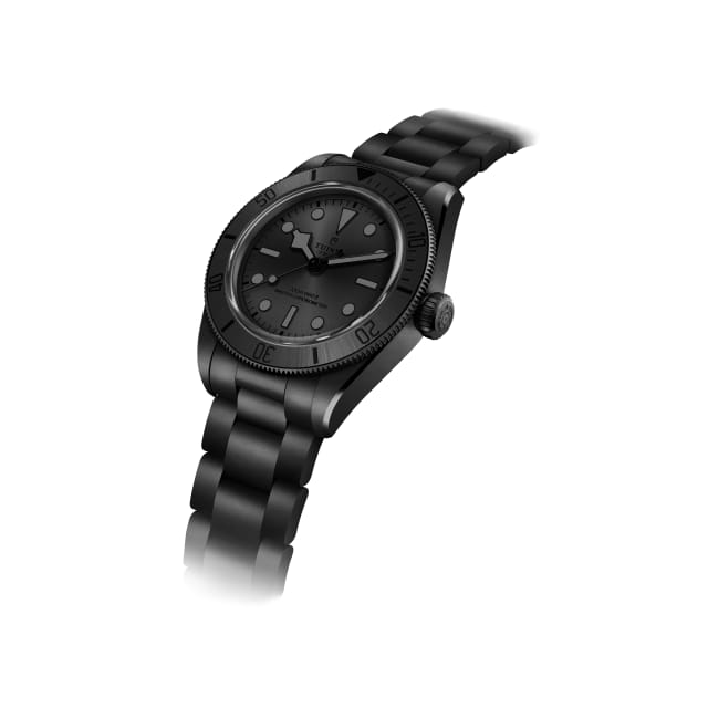 Detail of charcoal dial and black ceramic bezel of Tudor 2026 Black Bay Ceramic