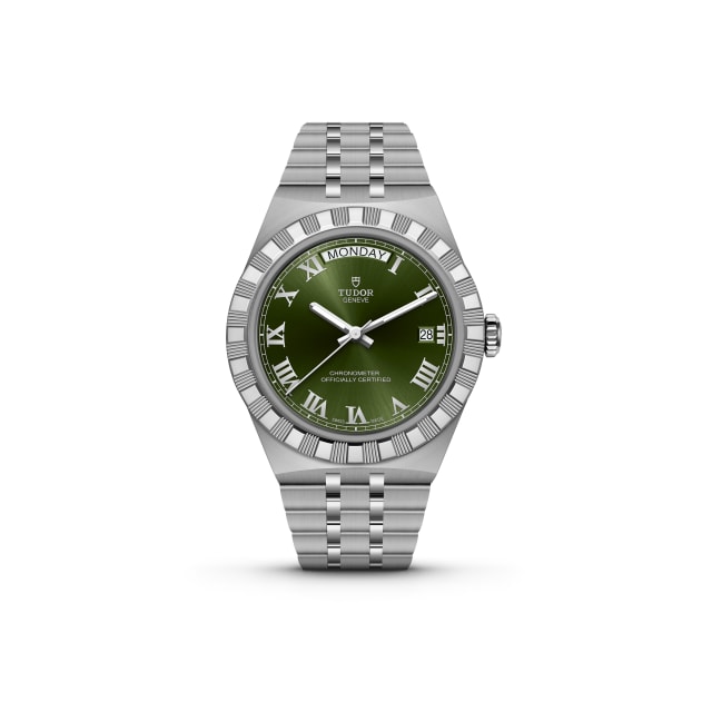 2026 Tudor Royal 40mm steel integrated bracelet green dial day date watch front view