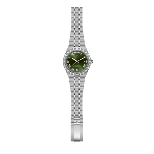 Oblique official product view of Tudor Royal 40 green dial on steel bracelet